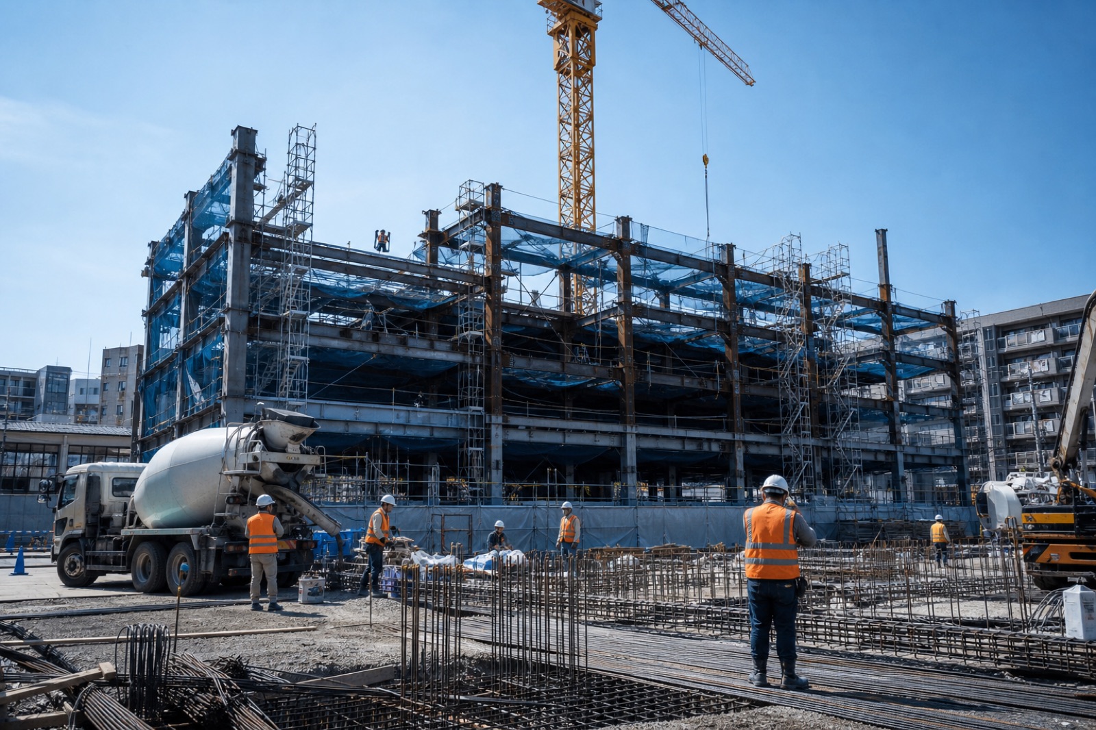 A construction site with a crane and scaffolding