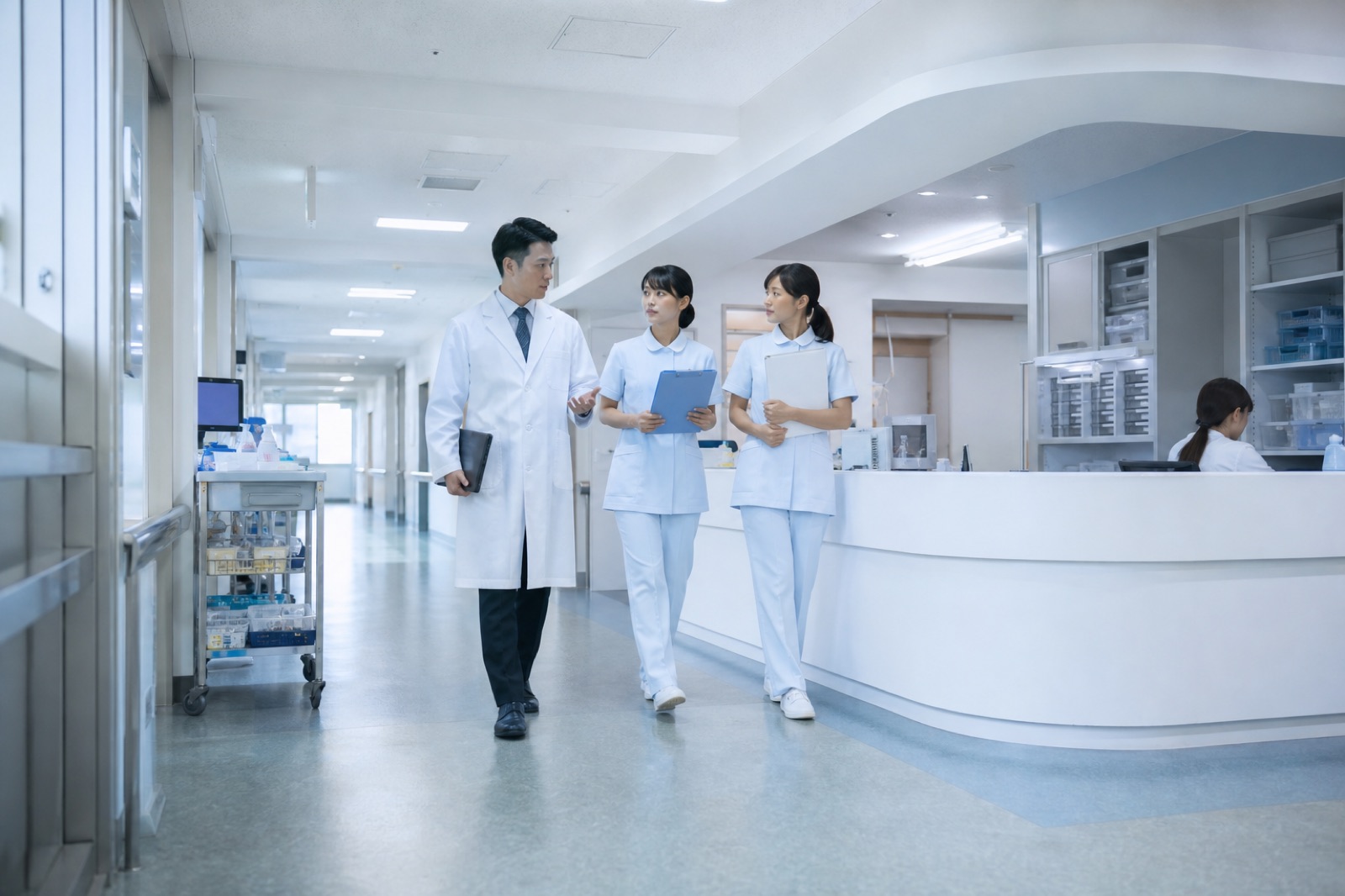 Hospital corridor with medical staff