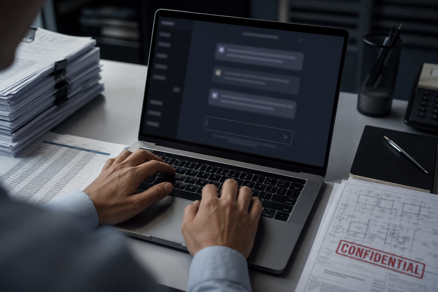 Hands about to paste confidential papers into a cloud AI chat box, suggesting data leaving the organization