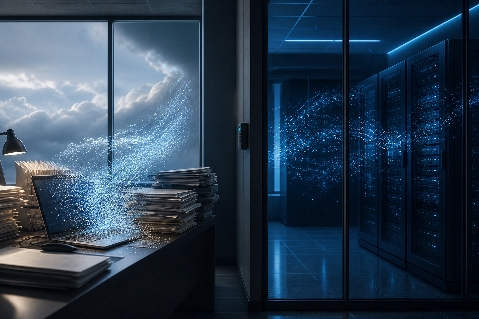 Visual contrast between data leaving the organization and data staying in a private server room